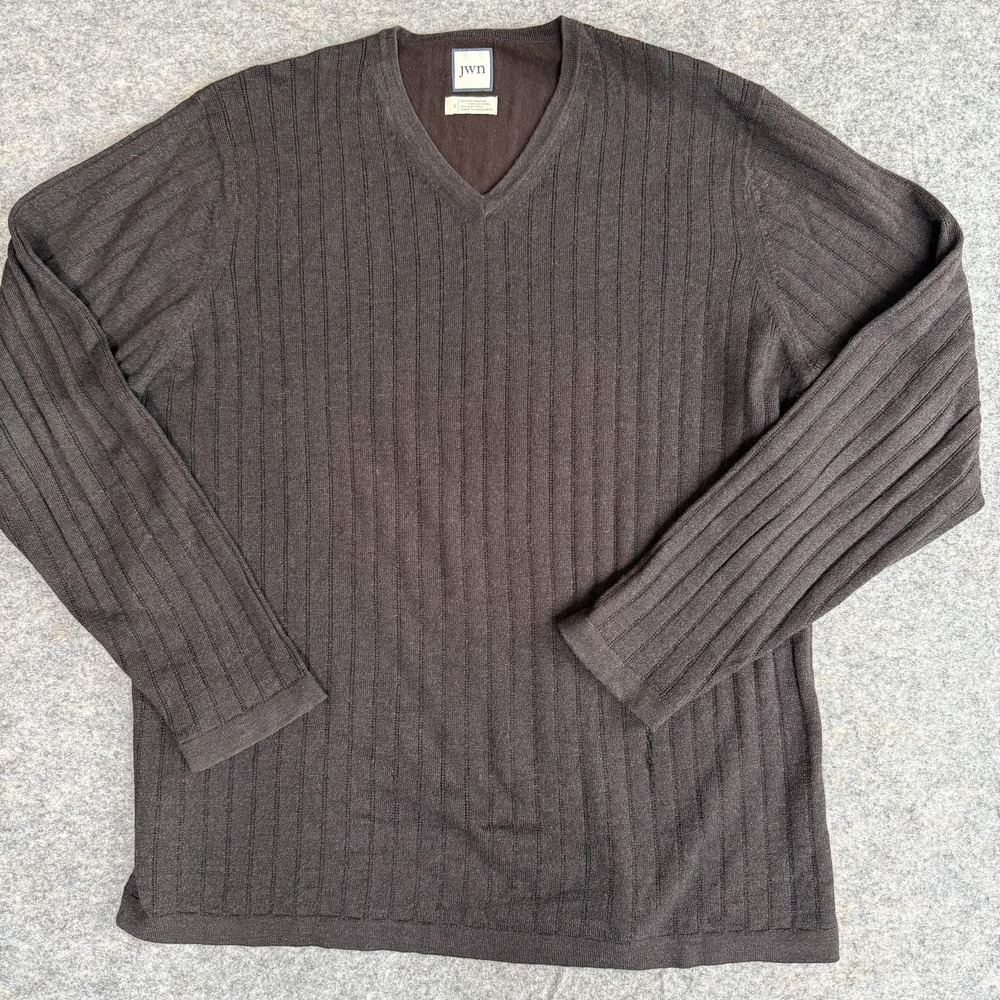 JWN Sweater Mens Large Brown V Neck Merino Wool Cotton Ribbed Knit Pullover‎